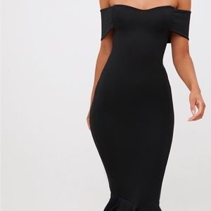 Pretty Little Things Black Bardot Frill Hem Midi Dress Women Off Shoulders Sz 8